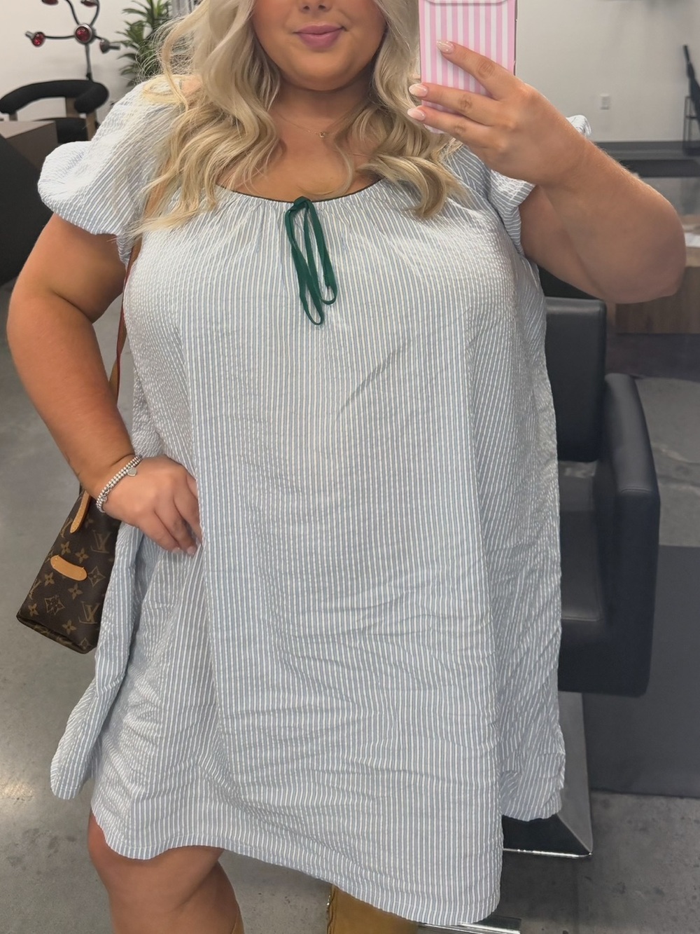 Plus Size Striped Drawstring Neck Swing Top - White/Light Blue